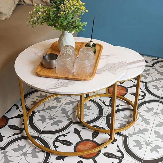Round Coffee Tables, Removable Set of 2 End Table, Nesting Tables with Gold Metal Frame Legs and Marble White Top for Living Room, Bedroom, Office, Balcony, Apartment (FREE SHIPPING)