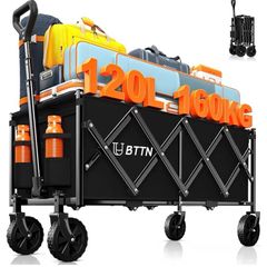 Folding Festival Trolley on Wheels, 160kg (350LBS) Capacity Shopping Trolley with Silent Wheels, Foldable Camping Garden Cart with Adjustable Handle, Portable Utility Wagon, Black