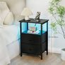 Bedside Table with LED Light, Small Side Table with Charging Station, Nightstand with 2 Fabric Drawers and Open Storage Shelf, Bedside Cabinet for Living Room, Bedroom, Black Image 2