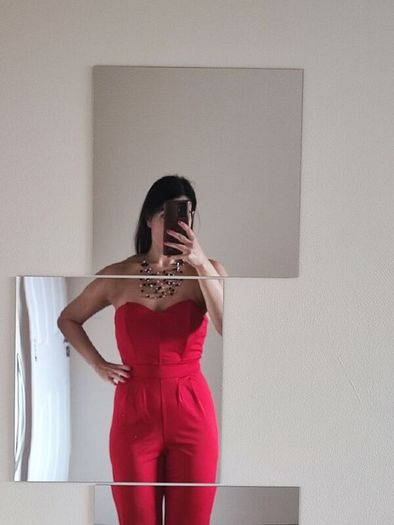 Elegant red pleated jumpsuit for parties and events UK 8