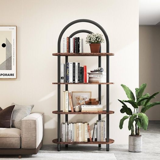 4-Tier Arched Bookshelf, Bookcase with Metal Frame and Wooden Shelves, 165.5cm Tall Floor Standing Book Shelf, Storage Shelves for Living Room, Study, Office, 80x30x165.5cm(Rustic Brown)