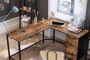 _Corner Desk, L Shape Computer Desk, Office Table with Cabinet and Drawer, Study Room, Space Saving, Easy Assembly, Metal Industrial Design, Vintage Brown-Black