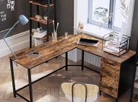 main image for ad _Corner Desk, L Shape Computer Desk, Office Table with Cabinet and Drawer, Study Room, Space Saving, Easy Assembly, Metal Industrial Design, Vintage Brown-Black