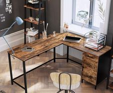 _Corner Desk, L Shape Computer Desk, Office Table with Cabinet and Drawer, Study Room, Space Saving, Easy Assembly, Metal Industrial Design, Vintage Brown-Black