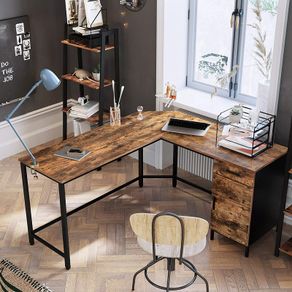 _Corner Desk, L Shape Computer Desk, Office Table with Cabinet and Drawer, Study Room, Space Saving, Easy Assembly, Metal Industrial Design, Vintage Brown-Black