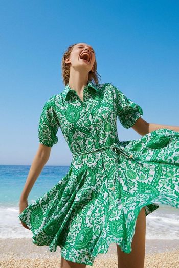 ZARA Green Paisley Floral Print Mini Shirt Dress XS