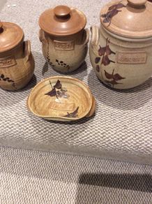 OFFERS WELCOME PLEASE -Ballydougan Stoneware Pottery - 4 Pieces . Biscuit ( Old Irish writing) Sugar and Tea lidded Jars and a shallow bowl shaped dish for biscuits
