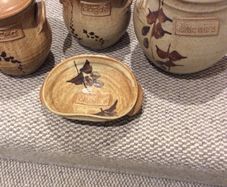 OFFERS WELCOME PLEASE -Ballydougan Stoneware Pottery - 4 Pieces . Biscuit ( Old Irish writing) Sugar and Tea lidded Jars and a shallow bowl shaped dish for biscuits