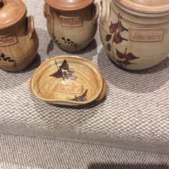 OFFERS WELCOME PLEASE -Ballydougan Stoneware Pottery - 4 Pieces . Biscuit ( Old Irish writing) Sugar and Tea lidded Jars and a shallow bowl shaped dish for biscuits