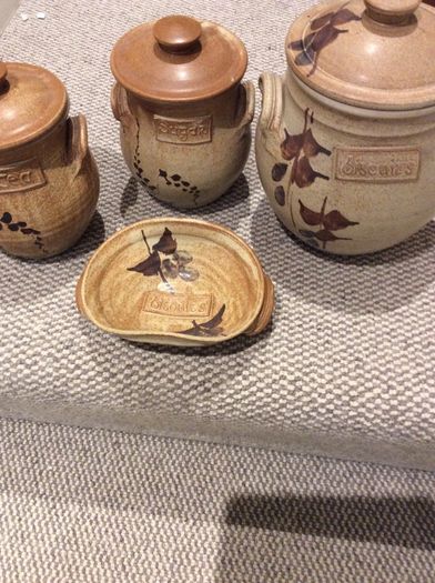 OFFERS WELCOME PLEASE -Ballydougan Stoneware Pottery - 4 Pieces . Biscuit ( Old Irish writing) Sugar and Tea lidded Jars and a shallow bowl shaped dish for biscuits