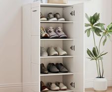 High-gloss shoe cabinet, shoe storage with adjustable shelves for hallway, entry, space for 10 pairs, white