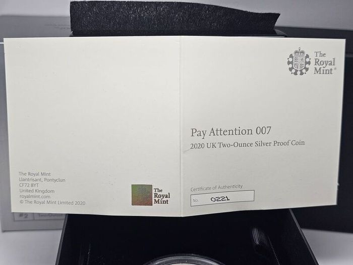 Royal Mint 2020 Silver Proof. 999 2oz Silver 5 Pounds Pay Attention 007 in Original Holder with COA