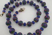 Antique Venetian Style Green Thosuand Eyes Glass &amp; Blue Chevron Glass Beads Necklace