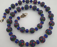 Antique Venetian Style Green Thosuand Eyes Glass & Blue Chevron Glass Beads Necklace