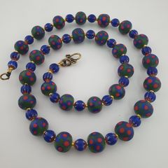 Antique Venetian Style Green Thosuand Eyes Glass & Blue Chevron Glass Beads Necklace