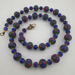 Antique Venetian Style Green Thosuand Eyes Glass & Blue Chevron Glass Beads Necklace