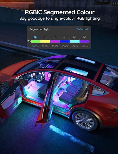 Govee RGBIC Interior Car Lights with App Control, Segmented Colour, 2-Line Design Lighting Kit, DIY Effects, Music and 30 Scene Modes for Cars, Trucks