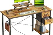 Desk with Drawers &amp; Power Outlets, 100x50cm Home Office Desk with Monitor Stand, Gaming Table with Reversible Storage Shelf