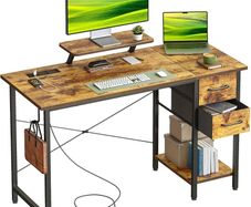 Desk with Drawers & Power Outlets, 100x50cm Home Office Desk with Monitor Stand, Gaming Table with Reversible Storage Shelf