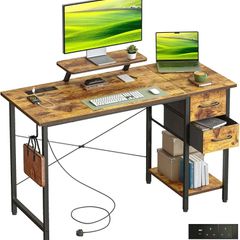 Desk with Drawers & Power Outlets, 100x50cm Home Office Desk with Monitor Stand, Gaming Table with Reversible Storage Shelf