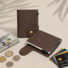 Premium Genuine Leather Smart Card Holder Wallet RFID Blocking Slim Wallet with Pop-Up Card Case