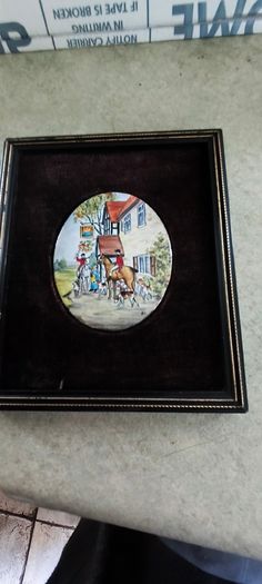 Vintage framed miniature plaque featuring a hand-painted Enamel On Copper Mini Picture Plaque  equestrian or coaching scene mounted on black velvet within a dark wood frame  Fox Hunting Scene.