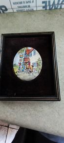 Vintage framed miniature plaque featuring a hand-painted Enamel On Copper Mini Picture Plaque  equestrian or coaching scene mounted on black velvet within a dark wood frame  Fox Hunting Scene.