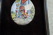 Vintage framed miniature plaque featuring a hand-painted Enamel On Copper Mini Picture Plaque  equestrian or coaching scene mounted on black velvet within a dark wood frame  Fox Hunting Scene.