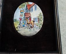Vintage framed miniature plaque featuring a hand-painted Enamel On Copper Mini Picture Plaque  equestrian or coaching scene mounted on black velvet within a dark wood frame  Fox Hunting Scene.