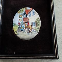 Vintage framed miniature plaque featuring a hand-painted Enamel On Copper Mini Picture Plaque  equestrian or coaching scene mounted on black velvet within a dark wood frame  Fox Hunting Scene.