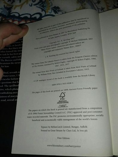 1st Edition Harry Potter and The Deathly Hallows (adult version and cover)