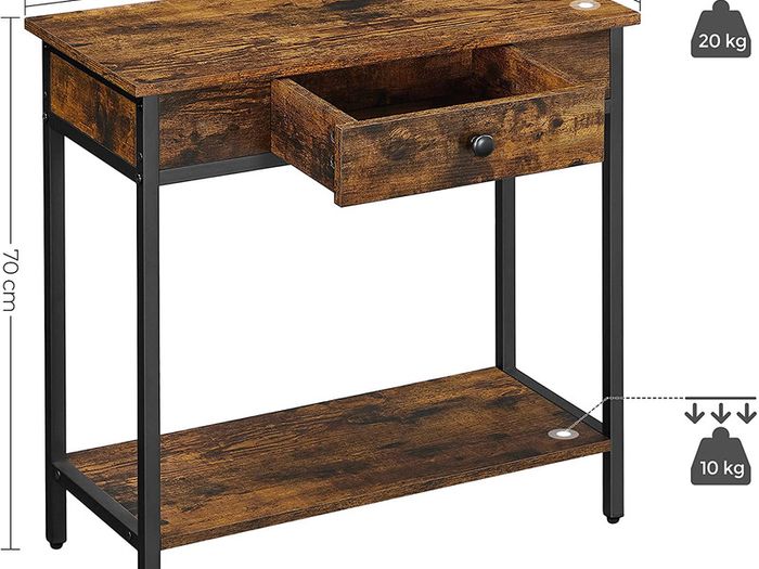 Console table, hall table with 2 levels, side table with drawer and shelf, 70 x 30 x 70 cm, steel frame, industrial design, vintage brown-black
