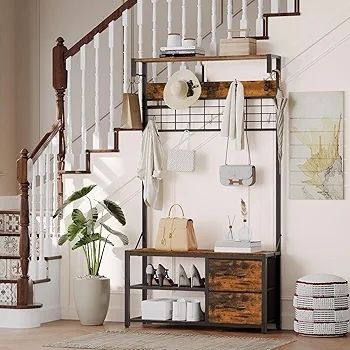 Coat Rack with Shoe Storage Bench, Coat Stand with Hooks and 2 Drawers, 4-in-1 Design, Coat and Shoe Rack, for Hallway, Entryway, Living Room, Bedroom, Rustic Brown and Black