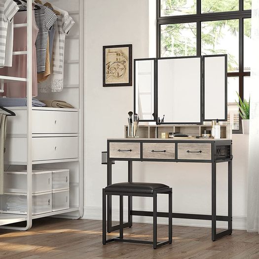 Dressing table, dressing table with 3-part folding mirror, hairdryer holder, cosmetic table with upholstered stool, 3 drawers, industrial design, greige black