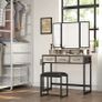 Dressing table, dressing table with 3-part folding mirror, hairdryer holder, cosmetic table with upholstered stool, 3 drawers, industrial design, greige black Image 2