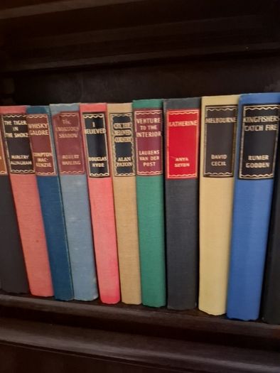 large collection vintage antiquarian books. 4 complete shelves.