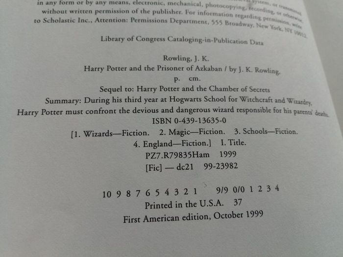 Harry Potter and the Prisoner of Azkaban Hardcover(US Ed.) TRUE 1st Edition and 1st Print