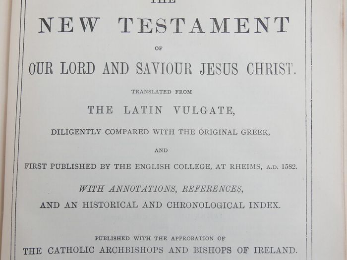 Vintage spine of a Catholic Douay Bible published by James Duffy & Co. Ltd. in Dublin.