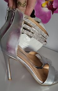 TATA silver bling ankle strap high heels Sz 38 (Fit 5UK)