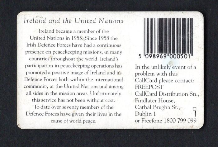 1995 Ireland 50 unit Irelands Contribution to the United Nations (Gemplus GEM1) Call Card Used. Telecom Eireann card number 1099