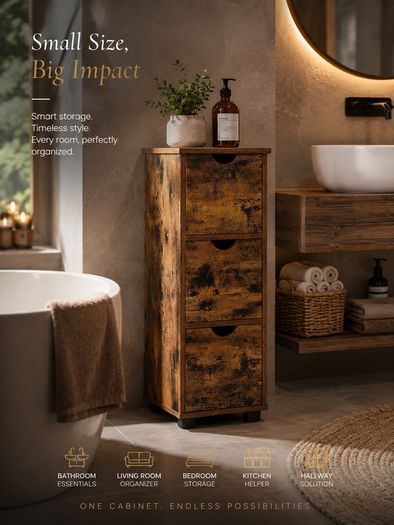 Slim Storage Cabinet Vintage Brown Narrow Floor Cabinet with Door and Shelf