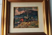 Oil painting of boats on the shore