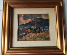 Oil painting of boats on the shore