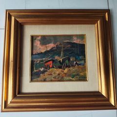 Oil painting of boats on the shore