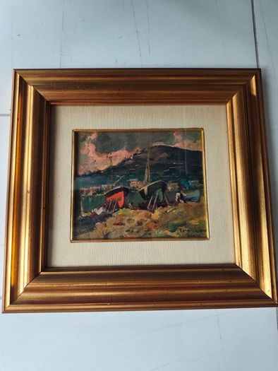Oil painting of boats on the shore