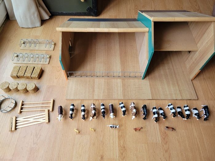 Toy farm shed, animals and machinery