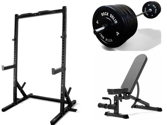 Squat Rack, Barbell, Weight plates, Adjustable bench (new)