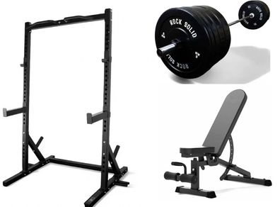 Squat Rack, Barbell, Weight plates, Adjustable bench (new)