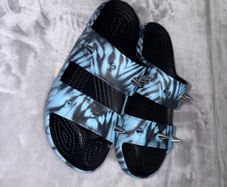 Crocs Classic Rebel Size UK 6 Blue Black Tie Dye Spike Double Strap Slides Slippers