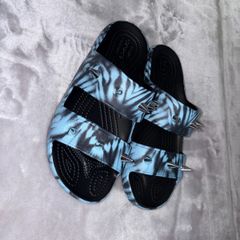 Crocs Classic Rebel Size UK 6 Blue Black Tie Dye Spike Double Strap Slides Slippers